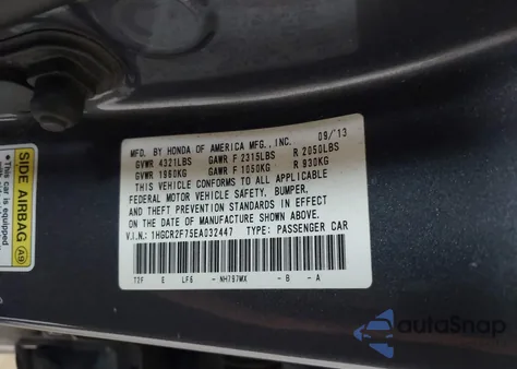 2014 Honda Accord Ex z USA, uszkodzony, nr VIN 1HGCR2F75EA032447
